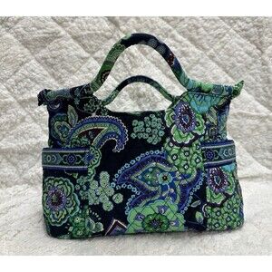 Vera Bradley women medium  green navy, blue floral print  hand tote zip bag